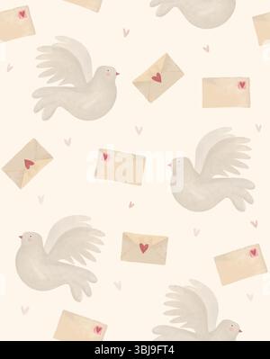 Valentinstag-Druck. Niedliches Valentinstag nahtloses Vektor-Muster mit fliegenden Tauben, Herzen und Liebesbriefen. Wallpaper mit Tauben, Umschlägen und Herzen. Stock Vektor