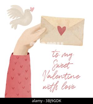 Auf Meine Süße Valentine, Mit Liebe. Niedliche Valentinskarte mit fliegender Taube. Schöne Taube, Hand mit einem Umschlag mit rotem Herzen. Alles Gute zum Valentinstag. Stock Vektor