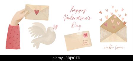 Auf Meine Süße Valentine, Mit Liebe. Niedliche handgemalte Valentinstag-Illustration mit Taube, Hand hält Liebesbrief, Umschlag mit Herzen, die heraus fliegen. Stock Vektor