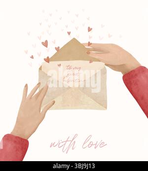Niedliche Valentinskarte mit Liebesbrief auf einem cremeweißen Hintergrund. Handbemalte Hände, die einen Umschlag halten und die Herzen herausfliegen. Alles Gute zum Valentinstag. Stock Vektor