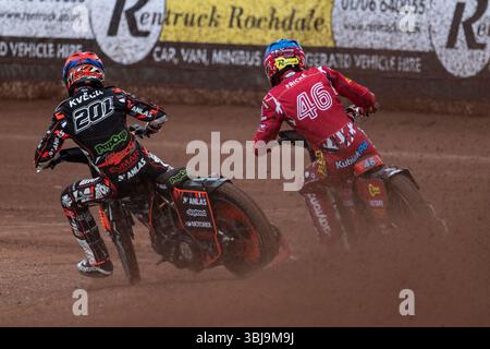 Während des ATPI FIM Speedway Grand Prix von Großbritannien 2025 im National Speedway Stadium in Manchester, England, Vereinigtes Königreich am 13. Juni 2025 (Foto: Andrew SURMA/ Credit: SIPA USA/Alamy Live News Stockfoto