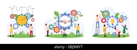 Produktivität der Teamarbeit, effektive Zusammenarbeit. Winzige Menschen verbessern die Interaktion und arbeiten mit Zahnradsystem und Glühbirne, Handschlag von Partnern in der Zahnrad-Cartoon-Vektor-Illustration Stock Vektor