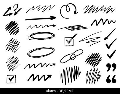 Handgezeichneter Marker mit Pfeilen, Kritzeleien, Häkchen, Kreisen und Anführungszeichen. Schwarze Skizzenelemente auf weißem Hintergrund Stock Vektor