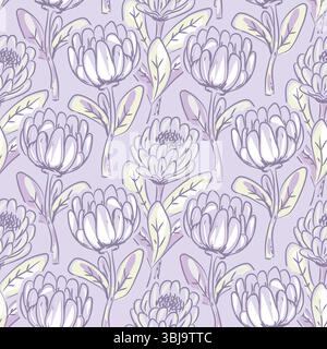 Protea Blumen nahtloses Muster mit auf hellviolettem Hintergrund. Exotische Blumentapete. Handgezeichnete, gekachelte Textur für Textilien und Tapeten Stock Vektor