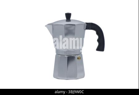 moka Pot ist ein Herd oder eine elektrische Kaffeemaschine, die durch das Durchströmen von heißem Wasser, das durch Dampfdruck und Wärmeausdehnung angetrieben wird, durch den Boden brüht Stockfoto