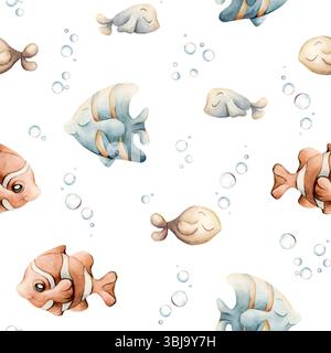 Meeresfische Wasserblasen. Aquarell handgemalt Sommer Unterwasser nahtloses Muster auf weißem Hintergrund. Niedlicher neutraler Clownfisch in Pastellfarben Stockfoto