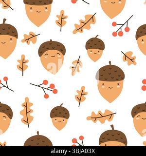 Niedliche Eichelfiguren und ein nahtloses Muster aus Eiche. Vektor Herbst Illustration für Kinder Stock Vektor