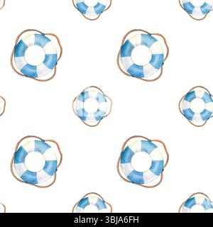 Handgemaltes nahtloses Muster mit Elementen im Meeresstil. Aquarellbilder von Schiff, Anker, Shell. Auf weißem Hintergrund einstellen Stockfoto