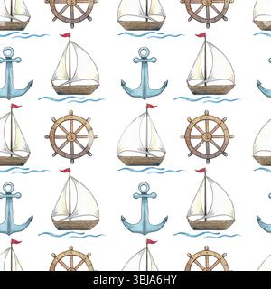 Handgemaltes nahtloses Muster mit Elementen im Meeresstil. Aquarellbilder von Schiff, Anker, Shell. Auf weißem Hintergrund einstellen Stockfoto