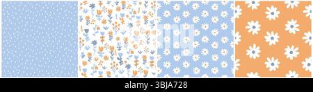 Niedliches Blümchenmuster. Nahtloses Muster mit handgezeichneten Blumen. Florale Hintergrundbilder. Kleine Blumen isoliert auf weißem, hellblauem und gelbem Hintergrund. Stock Vektor