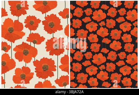 Florales unregelmäßiges nahtloses Vektormuster mit roten Mohnblumen isoliert auf einem elfenbeinfarbenen und schwarzen Hintergrund. Trendige Gartentapete mit roten Blumen. Stock Vektor