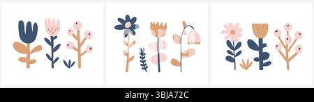 Kindliche Drawnig-ähnliche Blumenillustration. Abstrakte rosa, blaue und goldene Blumen auf weißem Hintergrund. Kinderzimmer-Dekoration. Handgezeichnete Blumen. Stock Vektor