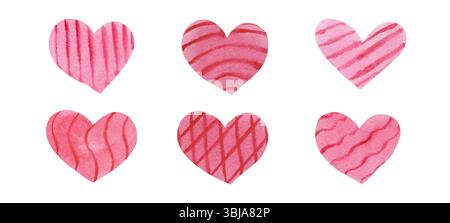 Set aus rosafarbenen Herzen mit strukturiertem Zickzack-Motiv und gewellten Linien mit Karomuster und handgezeichnetem Wet-Effekt Stockfoto