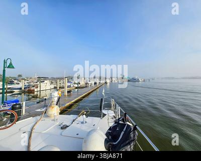 Naples City Dock an einem nebeligen Morgen im März. Stockfoto