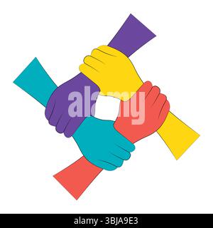 Unity and Teamwork Konzept mit ineinander greifenden Händen. Die Hände greifen einander in quadratischer Form und symbolisieren Einheit, Unterstützung und Teamarbeit. Stock Vektor