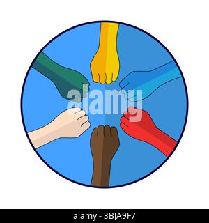 Vereinte Hände für ein gemeinsames Ziel. Gemeinsam stärker – Ein Symbol der Inklusion. Kreis der Einheit und Gleichheit. Solidarität, Zusammenarbeit, Teamarbeit. Stock Vektor