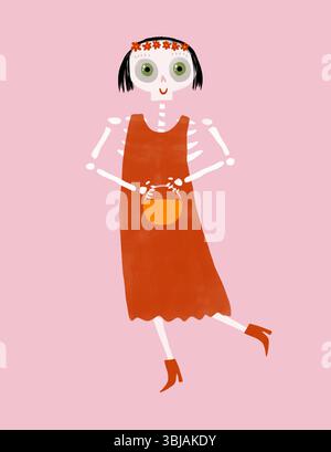Lustiger Halloween-Druck Mit Lady Skelett. Halloween Hand gezeichnete Vektor-Illustration des niedlichen Skeletts im roten Kleid und im Blumenkranz auf rosa Hintergrund. Stock Vektor