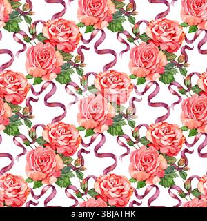 Nahtloses Muster mit roten Rosen-Aquarellen. Handgezeichnetes Muster im Vintage-Stil. Stockfoto