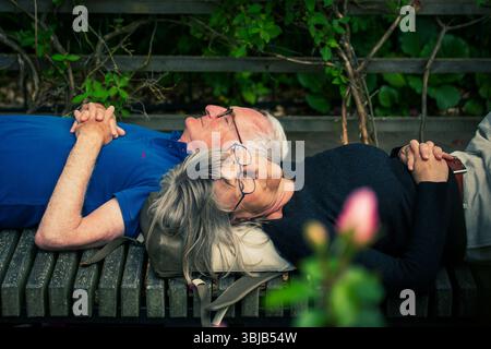 Schönes älteres Ehepaar, das auf der Bank im Garten eines öffentlichen Stadtparks ruht Stockfoto