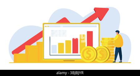 Erfolgskonzept für Finanzwachstum Laptop mit Grafik Coins Pfeil Person erzielt Market Investment Stock Profit Business Stock Vektor