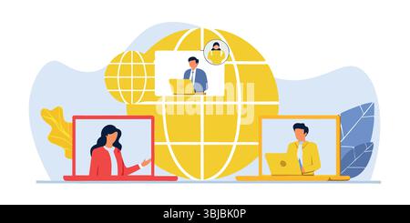 Globale Verbindung Virtuelles Meeting Geschäftskommunikation Teamwork Zusammenarbeit Fernarbeit Videoanruf Online-Konferenz Stock Vektor