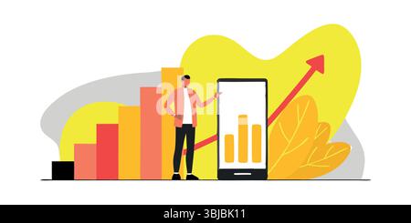 Illustration des finanziellen Wachstums mit einem Mann, der steigende Trends und Fortschritt präsentiert geschäftlicher Erfolg mobile Diagramme Daten Stock Vektor