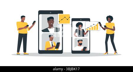 Globale Zusammenarbeit Diversität Team verbindet sich über Videoanrufe auf Smartphones und diskutiert Diagramme Wachstum und Erzielen Stock Vektor