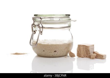 Hefetypen isoliert auf weißem Hintergrund. Frisch gepresste, trockene Instant- und Sauerteigstarter im Glasbehälter Stockfoto