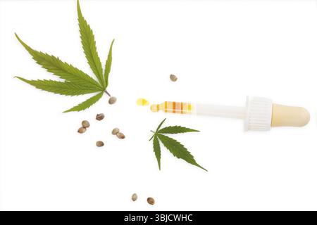 CBD-Marihuanaöl in Arzneimitteltropfschale mit Marihuanablättern und Samen, isoliert auf weißem Hintergrund. Medizinisches Marihuana, pflanzliches Heilmittel Stockfoto
