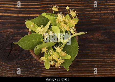 Lindenblüten mit Blättern in Holzschale auf Holztisch von oben. Tilia Stockfoto