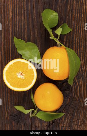 Frische reife Orangen mit grünen Blättern in Holzkiste. Frische Bio-Orangen, gesunde Fruchternährung Stockfoto
