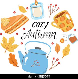 Ein gemütlicher Herbstrahmen mit warmer Kerze, Teekessel, Tasse mit Kürbismotiv, Blättern und Beeren, perfekt für Herbstmotive und saisonale Projekte Stock Vektor