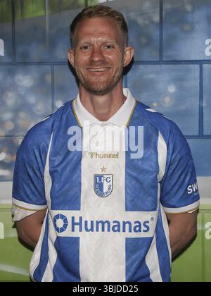 Kevin Kruschke 1.FC Magdeburg nach der Auszeichnung der Aufstiegsmannschaft 2015 in der Avnet Arena Magdeburg, DE Stockfoto