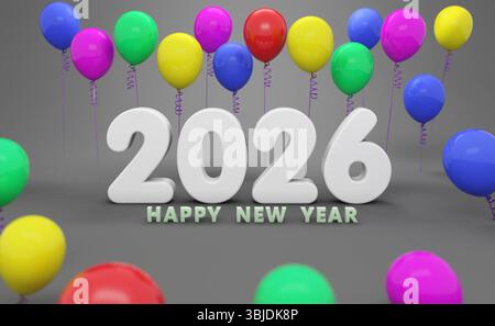 Neujahr 2026 Creative Design Concept with Balloons – 3D gerendertes Bild Stockfoto