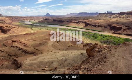 Der Colorado River fließt durch eine riesige Canyon-Landschaft mit Schichten roter Felsformationen und grüner Vegetation. Der hellblaue Himmel bietet einen atemberaubenden Blick Stockfoto