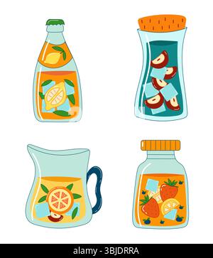 Set mit Gläsern und Flaschen. Sammlung von Limonadengläsern auf weißem Hintergrund. Sommer-Illustration. Fruchtige und frische Getränke. Stock Vektor