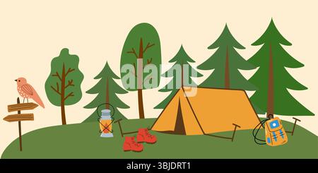 Camping Illustration mit Zelt, Schuhen und Rucksack. Gelbes Zelt im Wald. Stock Vektor