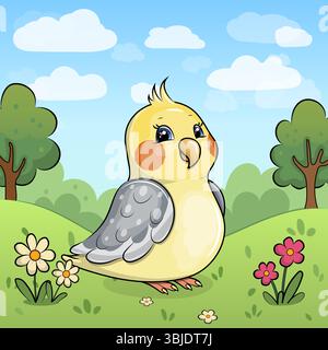 Niedlicher Karikaturpapagei in der Natur. Vektorillustration eines Tieres mit roten und weißen Blumen, Gras und Bäumen. Stock Vektor