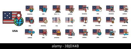 Eine Reihe von Illustrationen zum Konzept amerikanischer Flaggen und Dinge im Line Art Stil Stock Vektor