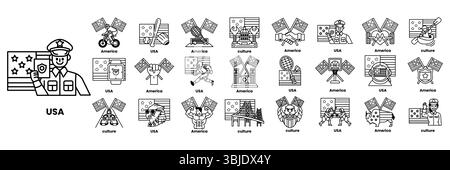 Eine Reihe von Illustrationen zum Konzept amerikanischer Flaggen und Dinge im Line Art Stil Stock Vektor