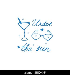 Posterkonzept für den Sommer. Urlaubskarten-Design. Handgezeichnete Doodle-Illustration mit Sommerelementen und Zitaten Stock Vektor