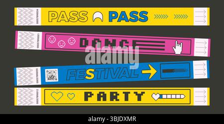 Party- oder Konzertveranstaltung Bracelet Tickets Mockups Set. Musikfestival Armbänder im Retro-Rave-Stil. Zutritt zum HandDance Nachtclub. Papierarmband Stock Vektor