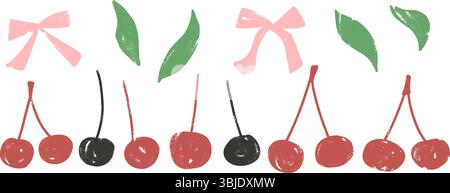 Kirschkokette Buntstift gezeichnet Set. Rote, rosafarbene und grüne Beeren mit Band und Blättern kritzeln isoliert auf weißem Hintergrund. Früchte mit Grunge-Struktur Stock Vektor