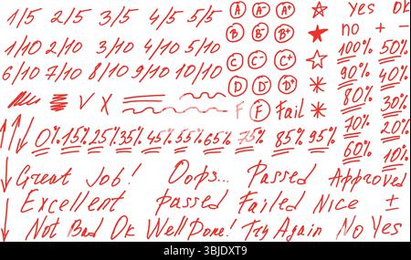 Prüfungsergebnisse Kritzelstil-Set. Schultestergebnisse verschiedene handgezeichnete Sänge. Lehrer-Scores von Schüleraufgaben. Vektor-handgeschriebenes Scribble aca Stock Vektor