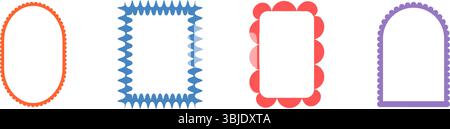 Funky Retro-Rahmen. Set lustige Kinderränder mit Wellenkanten in Muschelmuscheln. Textfelder und Callout-Vorlagen für Einladungen. Vektor abstrakte Kritzelkader ist Stock Vektor