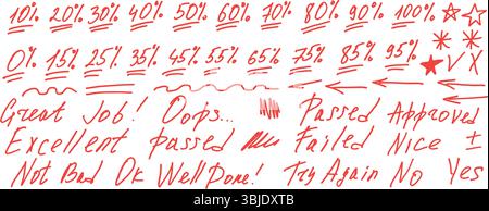Prozentwerte für die Prüfungsnote werden als Kritzelstil festgelegt. Schultest Ergebnisse handgezeichnete Singen. Lehrer-Prozentpunkte für Schüleraufgaben. Vektor handschriftlich sc Stock Vektor