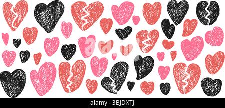 Gebrochene Herzen Buntstift gezeichnet Set. Trennmarkierungskritzeleien isoliert auf weißem Hintergrund. Liebe naive handgezeichnete Malelemente. Vektorbleistift Scribble i Stock Vektor