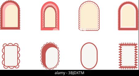 Retro-Cokette-geometrische Rahmen. Set aus funkigen Rändern mit gewellten Kanten in Muschelform. Textfelder und Callout-Vorlagen für Einladungen. Abstrakte Vektorkritzelei Stock Vektor