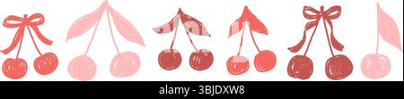 Kirschkokette Silhouette Buntstift gezeichnet Set. Rote, rosafarbene Beeren mit Bögen und Blättern kritzeln isoliert auf weißem Hintergrund. Früchte grunge texturierte Elemen Stock Vektor