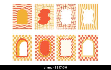 Funky-Retro-Bogen und geometrische Rahmen mit groovigem Schachbretthintergrund. Set aus lustigen orangen Vintage-Borten mit Muschelrand. Textfelder und Stock Vektor